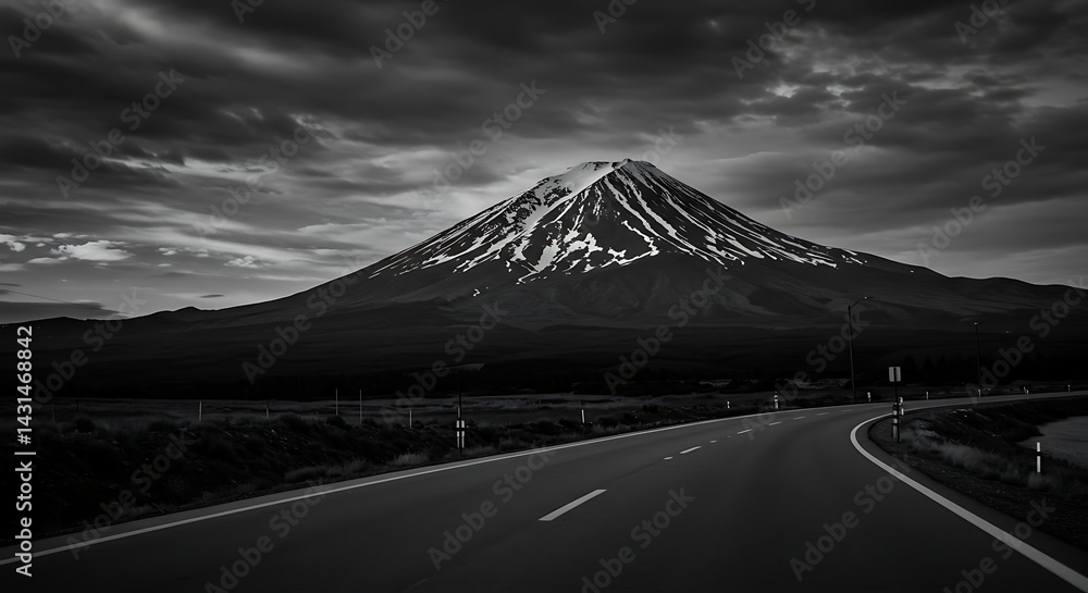Fototapeta premium Dramatic black and white landscape photo of a majestic snow capped mountain with a winding road leading towards it. The sky is filled with dramatic clouds.