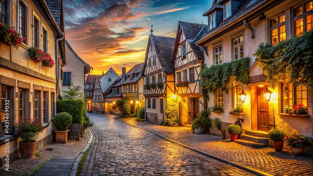 Fototapeta premium Charming Evening Town, Golden Hour Architecture, Historic Buildings, Cityscape at Dusk