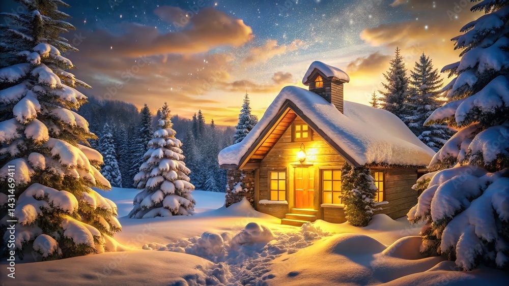 Fototapeta premium Charming Golden Christmas Cabin in Winter Wonderland - Festive Holiday Stock Photo