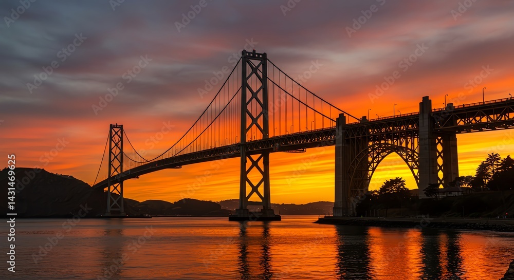 Fototapeta premium Spectacular Sunset over a Majestic Suspension Bridge