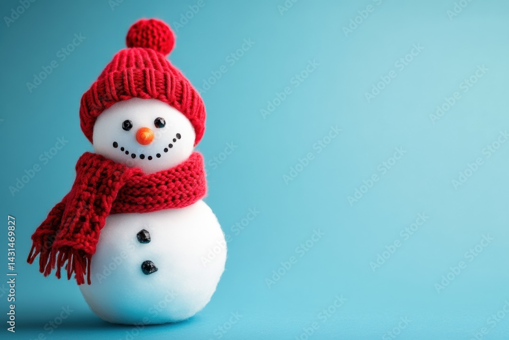 Cheerful snowman with red hat and scarf on blue background Cheerful snowman with red hat and scarf on blue background