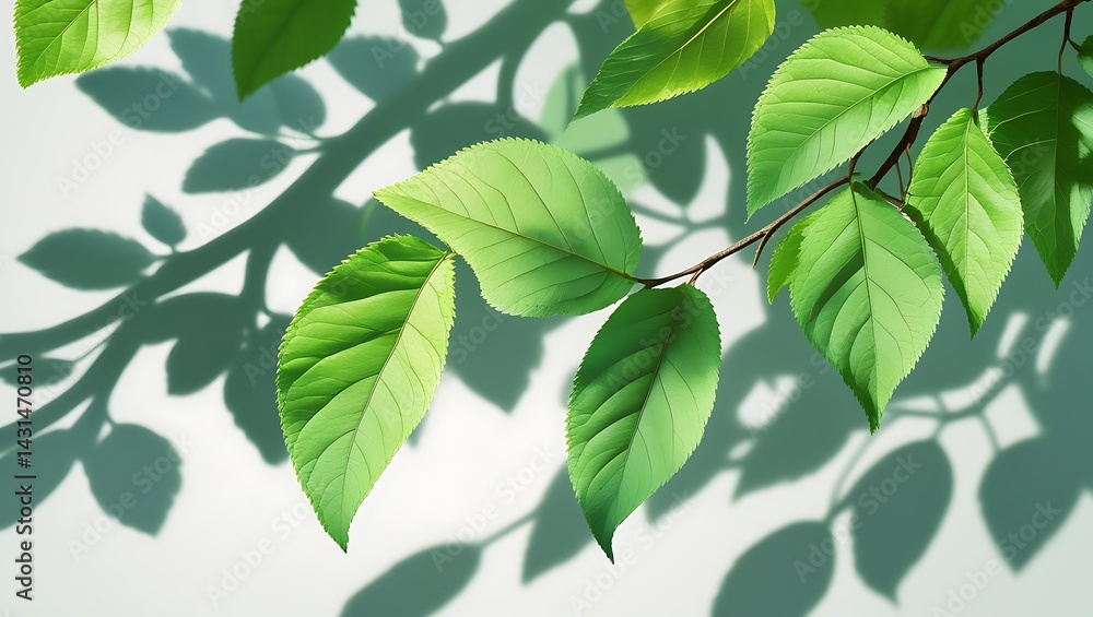 Lush green leaves on a branch casting soft shadows on a white surface. Represents nature, growth, freshness, and organic concepts. Ideal for natural designs. Lush green leaves on a branch casting soft shadows on a white surface. Represents nature, growth, freshness, and organic concepts. Ideal for natural designs.