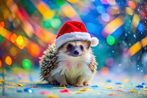 Cheerful Hedgehog in Santa Hat, Festive Winter Splash Background