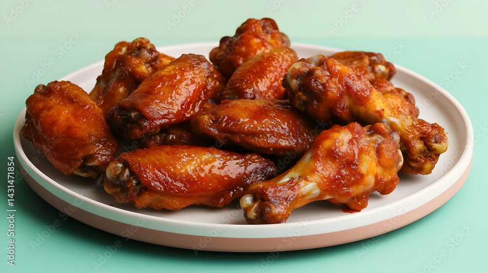 Plate of tantalizing chicken wings glazed with a rich, sweet and tangy sauce Plate of tantalizing chicken wings glazed with a rich, sweet and tangy sauce
