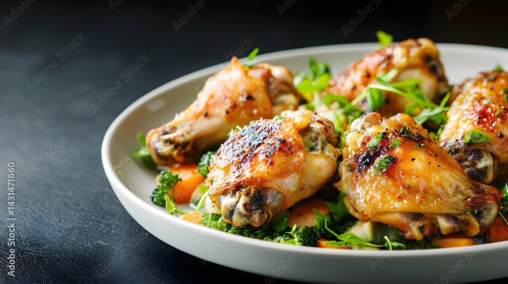 Delicious chicken wings plated with fresh vegetables on a dark background Delicious chicken wings plated with fresh vegetables on a dark background