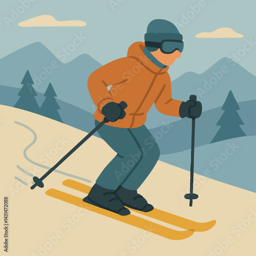 Skier descending snow-covered mountain slope, embodying winter adventure's exhilaration and pure alpine freedom
