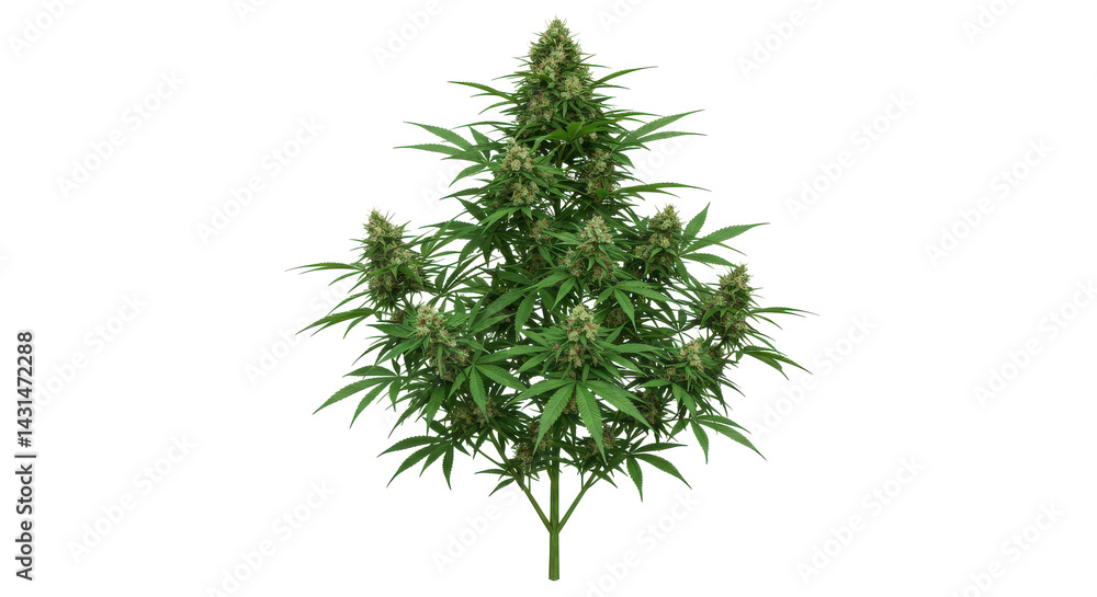 Lush green plant with dense buds against black. Leafy and thriving vegetation Lush green plant with dense buds against black. Leafy and thriving vegetation