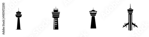 Vector illustration of multiple airport control tower icons in black and white style suitable for design projects