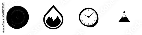Vector icons featuring mountains, clock, drop, and peak in black and white design