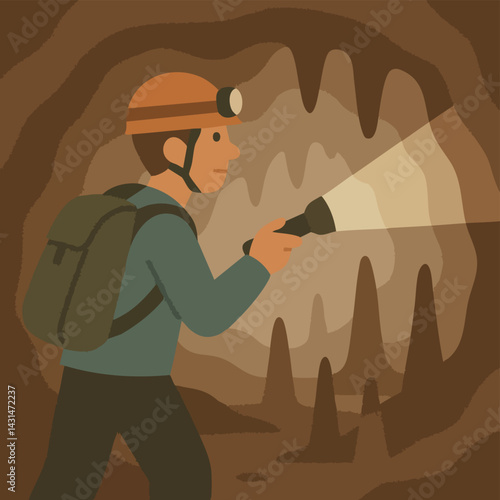 Geologist navigating a dark cave, holding a flashlight while wearing a helmet and backpack, uncovering the mysteries of the underground