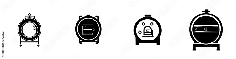Vector illustration featuring black and white icons of various barrels and tanks for industrial and storage use Vector illustration featuring black and white icons of various barrels and tanks for industrial and storage use