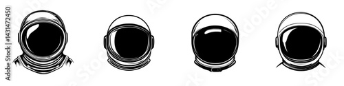 Vector illustration of four black and white astronaut helmet designs showcasing different styles and details