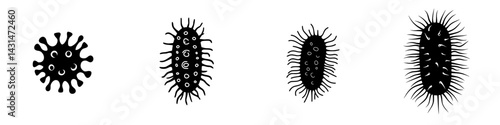Vector illustration of various black and white microorganisms depicting bacteria and viruses for educational purposes