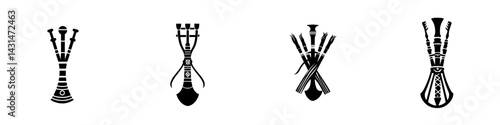 Vector illustration icons featuring traditional tools and instruments in black and white for cultural representation