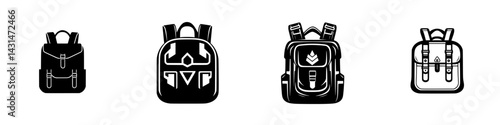 Collection of black and white vector icons of various backpack designs suitable for graphic use