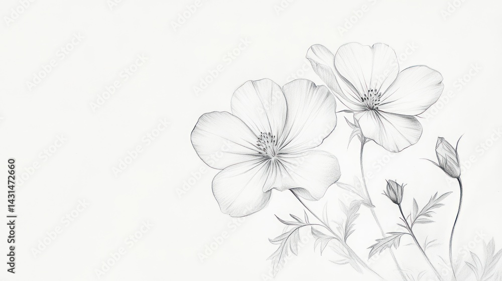 Fototapeta premium Elegant grayscale flower drawing, soft background, ideal for cards