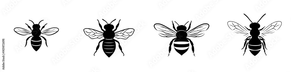 Obraz premium Vector illustration of various bee designs showcasing distinct features and styles in black and white colors