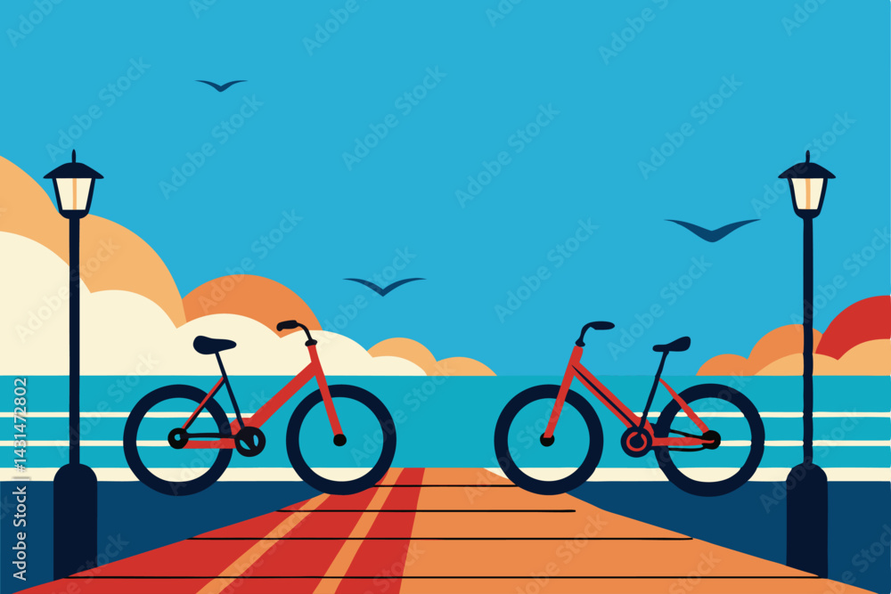 Fototapeta premium bicycles-parked-on-a-boardwalk-by-the-sea--.eps