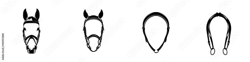 Vector illustration of horse bridle designs showcasing various styles in black and white Vector illustration of horse bridle designs showcasing various styles in black and white