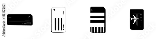 Vector illustration of black and white technology icons representing digital storage, ticketing, and travel