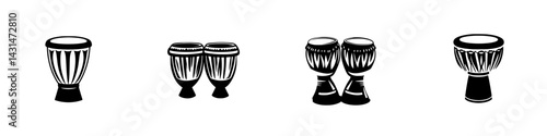 Vector illustration featuring black and white drum icons representing various percussion instruments commonly used in music