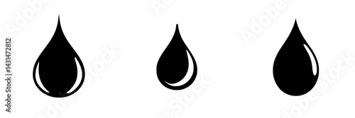 Vector illustration of three black and white water droplets with varying shapes on a plain background for design elements