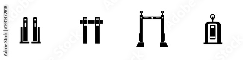 Vector illustration of black and white icons representing various types of gym equipment for strength training exercises