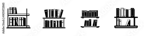 Vector illustration of black and white book shelves displaying various books in an organized layout
