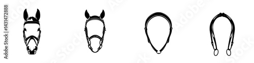 Vector illustration of horse bridle designs showcasing various styles in black and white