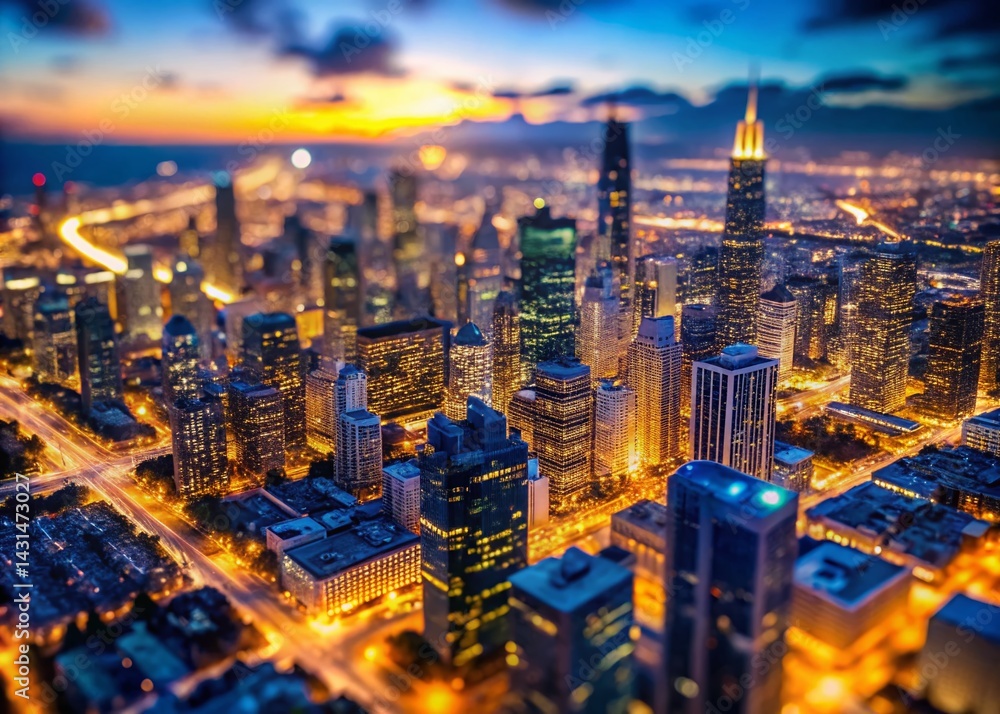 Fototapeta premium Chicago Night Aerial View: Tilt-Shift Satellite Cityscape - South Side Illumination
