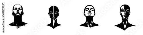 Black and white vector illustration of stylized human heads depicting diverse expressions and features