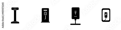 Vector illustration of various fuel dispensing icons in black and white showcasing different designs and purposes