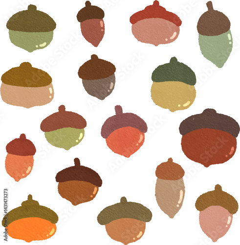 clip art cute watercolor illustration of nut, walnut, acorn autumn for background asset