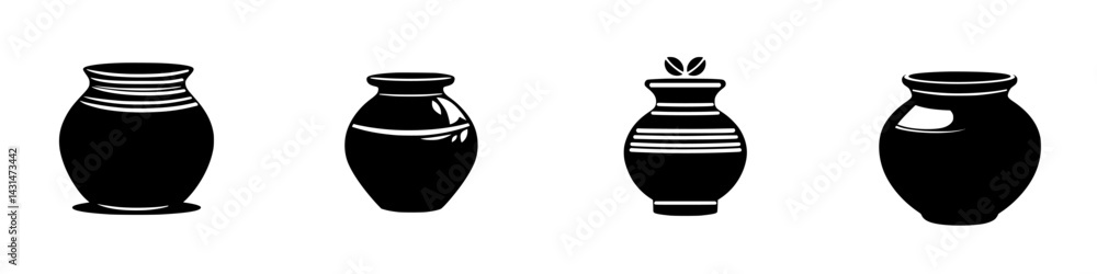 Vector illustration of four distinct black and white pottery designs showcasing traditional art styles Vector illustration of four distinct black and white pottery designs showcasing traditional art styles