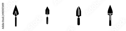 Set of four vector illustration icons depicting various garden trowels in black and white for landscaping and gardening themes