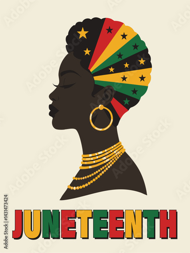 Juneteenth Freedom Day June 19 - African-American Independence Day. Day of freedom and emancipation Retro style illustration of a black African American woman with earrings