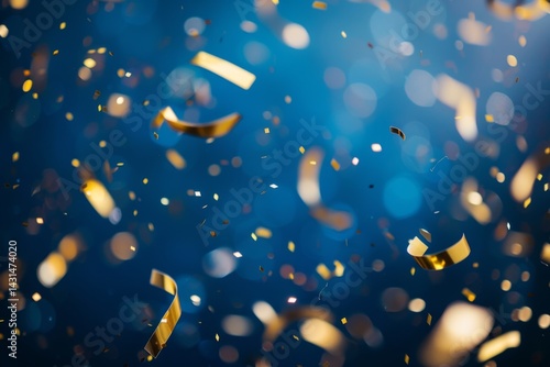 Falling confetti on blue background, abstract background with dark blue and gold particle