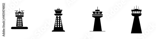 Different styles of black and white vector illustrators representing air traffic control towers