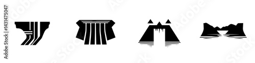 Vector illustration icons depicting various geometric landscape features in black and white design