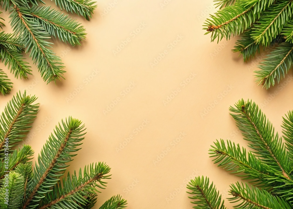 Christmas Tree Branches on Beige Background - Minimalist Festive Stock Photo Christmas Tree Branches on Beige Background - Minimalist Festive Stock Photo