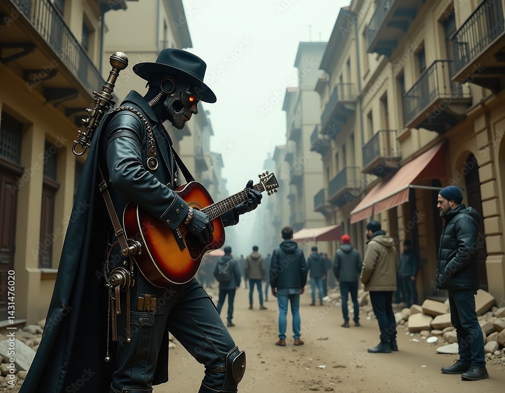 Steampunk Musician Playing Guitar in a Post-Apocalyptic City