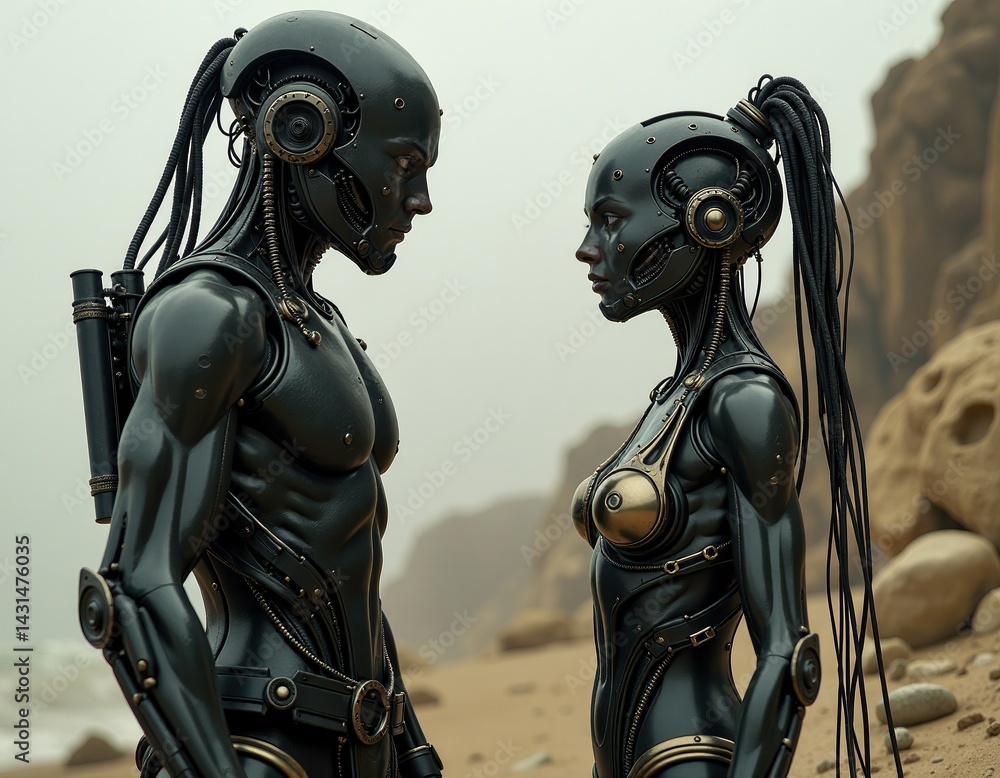 Futuristic Couple Robots on Desolate Beach, AI Romance Concept