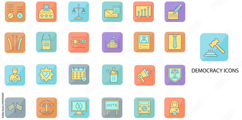 Democracy simple concept 24 color icons set. Contains such Political Science, Epistemology, Governance, Social, Religion, Truth, Economic, Politics .Vector illustration. Democracy simple concept 24 color icons set. Contains such Political Science, Epistemology, Governance, Social, Religion, Truth, Economic, Politics .Vector illustration.