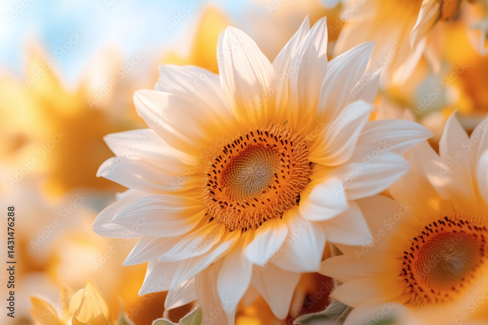 Fototapeta premium Sunflowers showcase their bright yellow petals and intricate centers, basking in the warm sunlight of a late summer afternoon, enhancing the natural beauty of the field