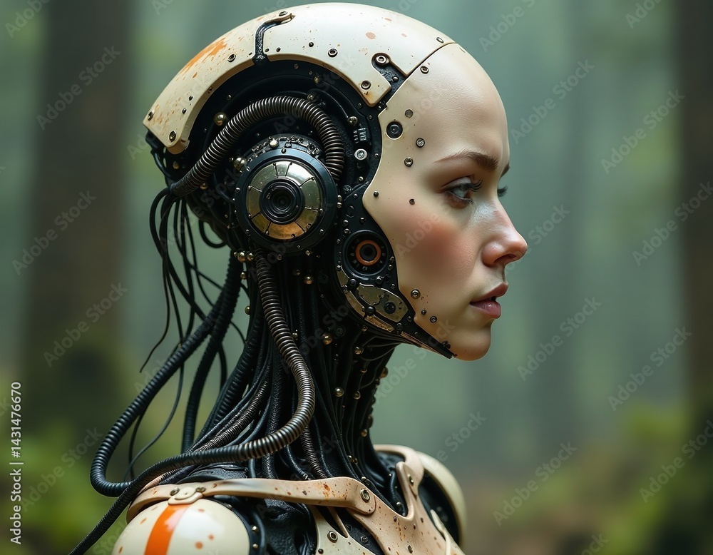 Futuristic Cyborg Woman in Forest - AI, Robot, Technology Concept