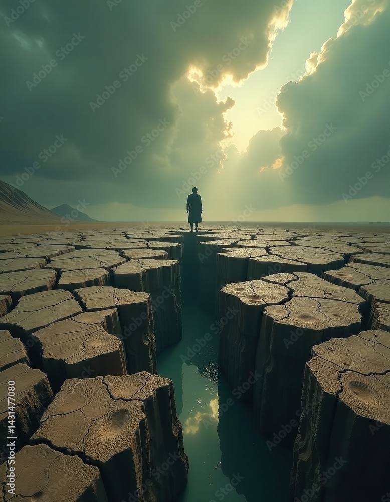 Solitary Figure in a Cracked Earth Landscape, Climate Change, Drought, Hope, Despair