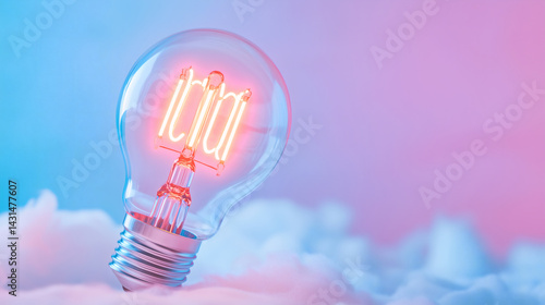 A vibrant neon light bulb glows brightly in pink and blue hues. Soft clouds surround the base, evoking a dreamy and creative mood in the environment