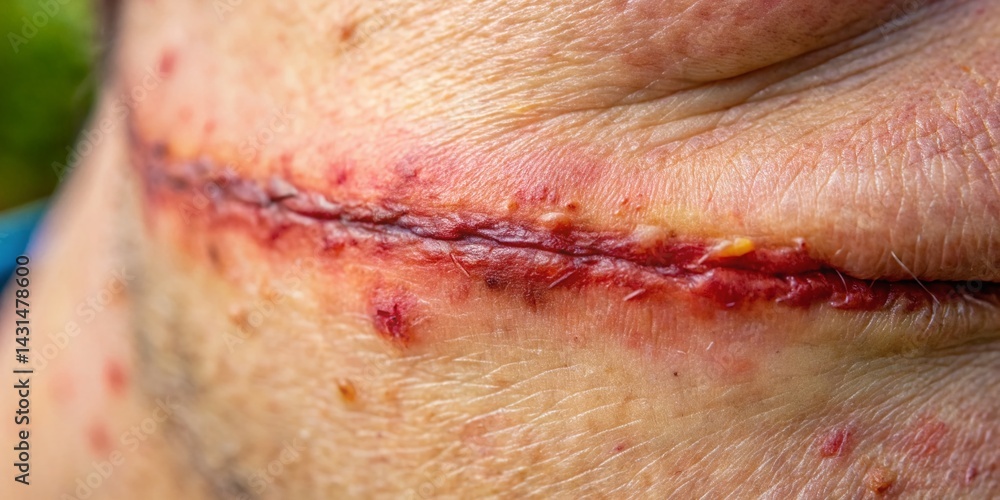Fototapeta premium Close-up Candid Photo of a Scar, Healing Process, Skin Texture, Human Body, Natural Light