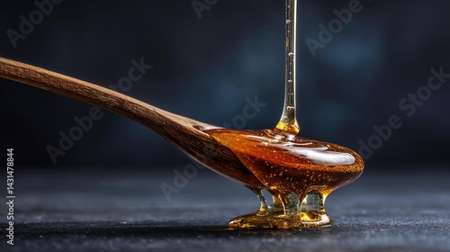 Rich Golden Honey Drips Slowly off a Wooden Spoon Creating a Sweet and Sticky Allure