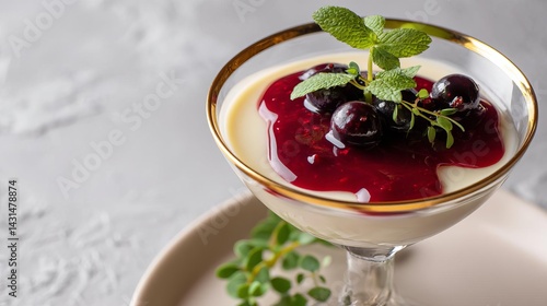 Silken Panna Cotta Topped With Berry Reduction and Fresh Mint Leaves in a Dessert Presentation